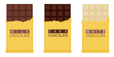 Set Of Chocolate Bar. Milk, dark and white chocolate bar.
