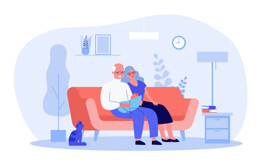 Cartoon grandparents and little grandchild. Flat vector illustration. Grandfather, grandmother sitting on couch, holding little baby in blue blanket with cat beside. Family, grandparents, pet concept