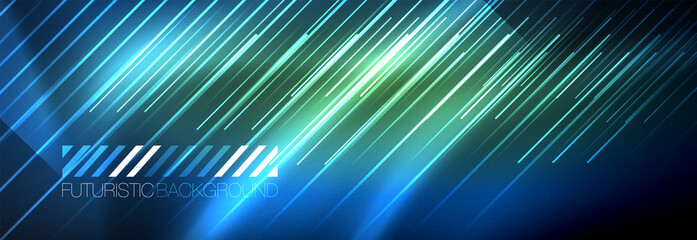 Neon glowing lines, magic energy and light motion background. Vector wallpaper template