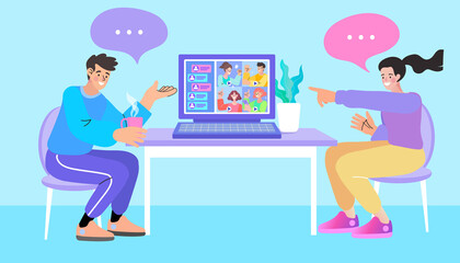 Communication and contemporary marketing. Man and woman connecting and working online together on laptop computer, remote working work from home concept, flat vector illustration.