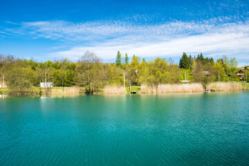 Obraz premium Banks of Mreznica river in Croatia, trees reflection on water, tourist destination
