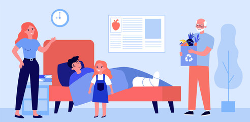 Cartoon relatives visiting young man with broken leg. Flat vector illustration. Father, wife, daughter caring about their loved one lying in hospital bed. Family, care, love, hospital, trauma concept