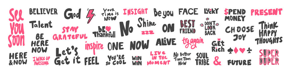 Vector hand drawn collection set of calligraphy lettering quotes and words. Pink and black color