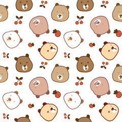 Seamless Pattern of Cartoon Bear Face, Cherry and Strawberry Design on White Background
