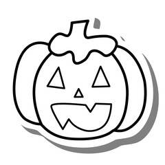 Black line cartoon Pumpkin on white silhouette and gray shadow. Icon Emoji for decoration or any design. Vector illustration of Halloween day.