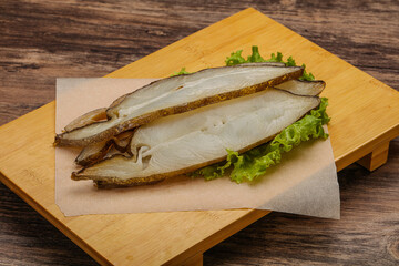 Delicous smoked halibut slices snack