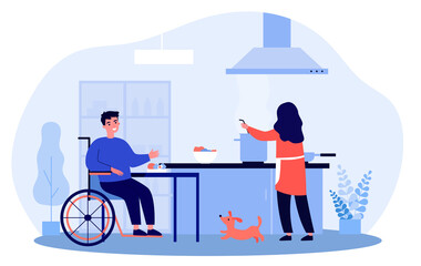 Wife cooking for her disabled husband. Cartoon vector illustration. Woman cooking dinner for smiling man sitting in wheelchair and happy dog in kitchen. Family, care, cooking, disability concept