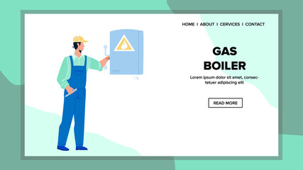 Gas Boiler Equipment Checking Repairman Vector. Heating Gas Boiler Check Technician Service Worker. Character Boy In Examining And Repair Tool, Maintenance Job Web Flat Cartoon Illustration