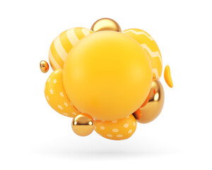 Soft plastic and gold bodies around a yellow sphere on a white background. 3d render illustration.