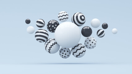 Abstraction from white spheres with black ornaments on a blue background. 3d render illustration for advertising.