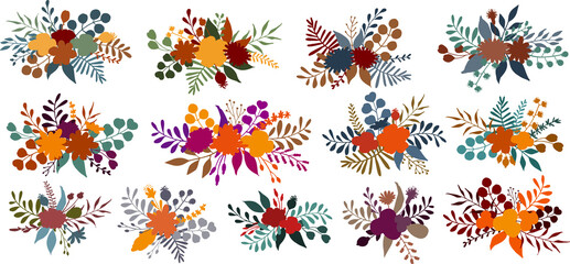 autumn fall floral flowers branches twigs bouquets, arrangements, isolated vector illustration