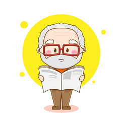 Cartoon illustration of cute grand father character reading newspaper