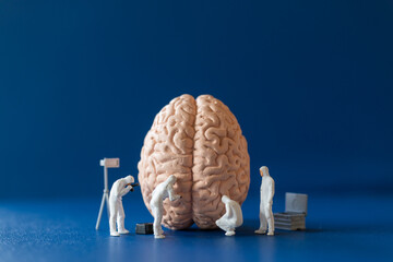 Miniature people , Scientist observing and discussing about human brain , Medical healthcare and...