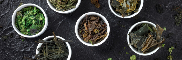 Edible seaweed panorama on a black background