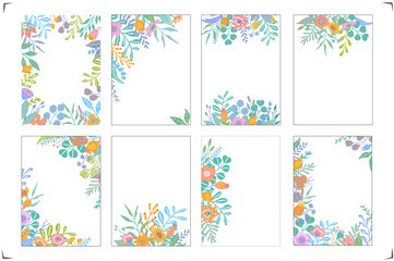 collection of different colorful floral twigs branches flowers frames borders headers arrangements, isolated vector illustration