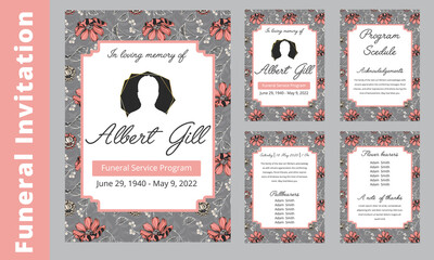 Floral memorial and funeral invitation card template design, cherry blossom and leaves, blue and brown tones. Botanical memorial and funeral invitation card template design
