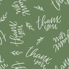 Green Thank you vector seamless pattern with leaves. 