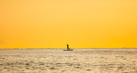 Fototapeta premium A girl on a board with an oar floats on the sea