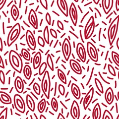 Stylish seamless hand-drawn pattern of red lines and leaves on a white background. Design of background, postcard, template, fabric, textile, wallpaper, packaging, paper.