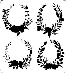 set of black colored silhouettes floral flowers branches twigs wreaths, isolated vector illustration