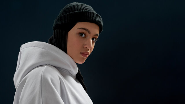Portrait of young arabian girl wearing hoodie