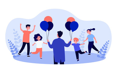 Cartoon man giving colorful balloons to children. Flat vector illustration. Happy smiling kids getting balloons from man. Present, party, happiness, joy, charity concept for banner design