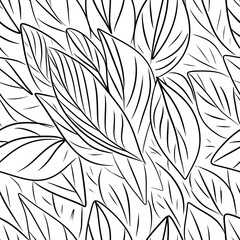 Seamless black-and-white pattern of twigs, leaves, and hand-drawn curls. Design of fabrics, textiles, wall paper, screensavers. Beautiful ethnic ornament.