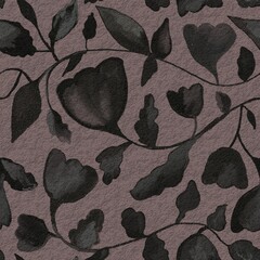 Seamless black hand-drawn pattern on a beige background, curls, flowers, leaves, elegant print. Wallpaper design, fabric, textile, packaging, wedding design. Vintage art, folk art.