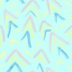 Seamless pattern drawn by hand with graphic materials. Triangles and dashes on a delicate turquoise background.Design of fabric, textile, background, packaging, cover, wallpaper.