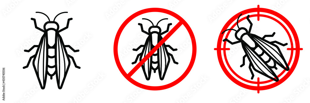 Wall mural anti wasp vector line icon set. editable stroke. red prohibiting sign and aim sign with insect insid