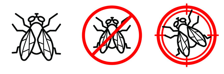 Anti fly vector line icon set. Editable stroke. Red prohibiting sign and aim sign with insect inside. Minimal design
