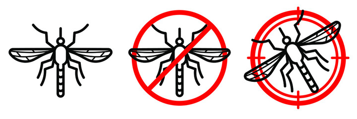 Anti mosquito vector line icon set. Editable stroke. Red prohibiting sign and aim sign with insect inside. Minimal design - obrazy, fototapety, plakaty