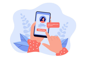 Girl deleting her social network account and information from website. Female hands holding smartphone, online problem vector illustration. Modern technology, social media, Internet addiction concept