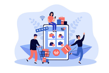 Tiny customers buying goods in online store using giant tablet. Vector illustration. Group of shopaholic buyers with carts and shopping bags. Sale, online purchase, retail shop, Internet concept