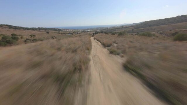 Low Drone Flight Above Vast Terrain In Alella, Rural Village In Comarca Of Maresme In Catalonia, Spain. FPV