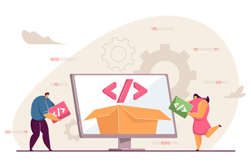 Tiny people using platform for programming. Open source, software script, development flat vector illustration. Programming, technology concept for banner, website design or landing web page