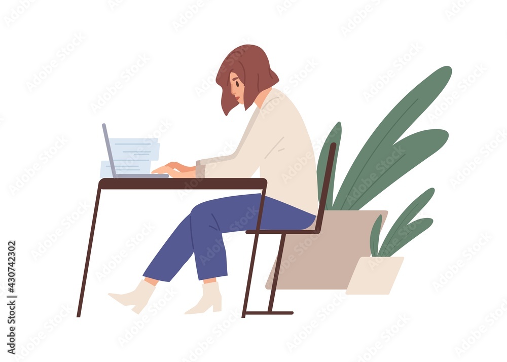 Poster woman working with laptop and documents behind desk. busy office worker at workplace. side view of p