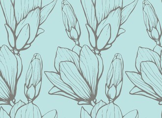 Seamless pattern with hand drawn magnolia flower. Vector illustration. Botanical pattern for textiles and wallpapers
