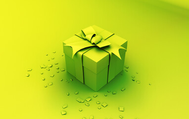 Minimal present box with confetti . Modern 3D render, holidays concept