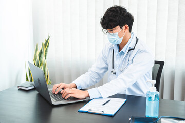 Doctor wear face mask comforting Working care, helping, encourage and empathy at nursing hospital...