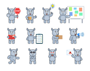 Cute rhino mascots in various situations. Cheerful rhino holding stop sign, parcel, loudspeaker, box, reading book and other actions. Modern vector illustration © paper_owl