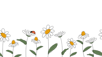 Seamless border of daisies hand drawn in simplified children cartoon naive style on white background.Cute ladybug sitting on flower.For design of website or shop for spring or summer.Raster © tatiana77777
