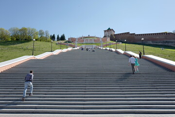 Chkalovskaya staircase, built in the form of an eight. Nizhny Novgorod. May 12, 2018.