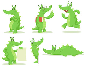 Cartoon crocodile character vector illustrations set. Collection of drawings of cute alligator standing, running, teaching, sleeping isolated on white background. Animals, mascot concept
