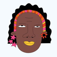 ethnic woman with flowers in her hair and a bandage. African American jazz diva. Bizarre quirky hippie woman portrait. Summer ethno sticker. Psychedelic and groove.Indie kid love