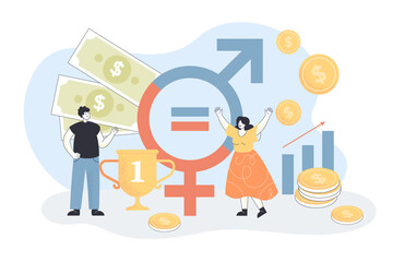 Happy man and woman in front of gender sign. Wage, salary equality for business people flat vector illustration. Gender and social equality, discrimination concept for banner, website design
