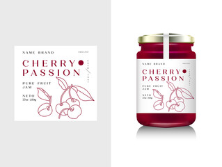 Vector illustration realistic glass bottle packaging for fruit jam. Cherry jam with design label, typography, line cherry icon.