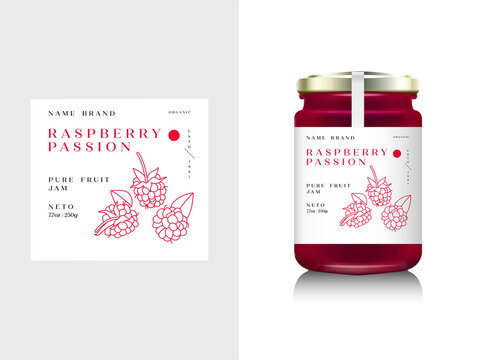 Vector illustration realistic glass bottle packaging for fruit jam. Raspberry jam with design label, typography, line raspberry icon.