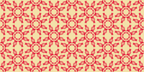 Fototapeta premium Background pattern with red decorative ornament on beige background, wallpaper. Seamless pattern, texture. Vector graphics