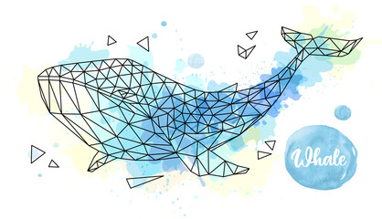 Hipster polygonal whale on artistic watercolor background. Vector illustration © annbozhko